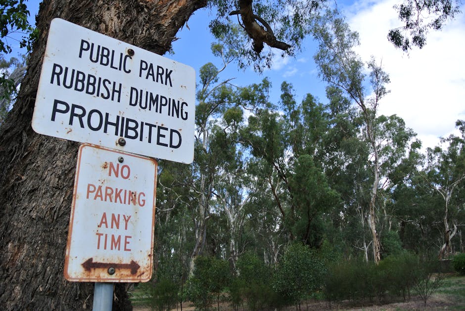 Close-up of two metal signs attached to a large tree trunk in a natural, wooded environment. The upper sign is rectangular with a white background and black text that reads 'PUBLIC PARK RUBBISH DUMPING PROHIBITED,' indicating restrictions on waste disposal within the park. Below it, a smaller, weathered sign with a white background and reddish-brown text states 'NO PARKING ANY TIME' with an arrow pointing left, signifying parking restrictions. Surrounding the signs, the scene features tall, leafy trees with green foliage, some branches extending into the clear blue sky visible in the background. The environment appears calm and indicative of an outdoor public area, with natural light illuminating the scene. This setup subtly reflects issues related to private rubbish disposal and the importance of adhering to waste regulations when managing waste in outdoor public spaces, aligning with services offered by rubbish clearance companies such as Rubbish Clearance Surrey.
